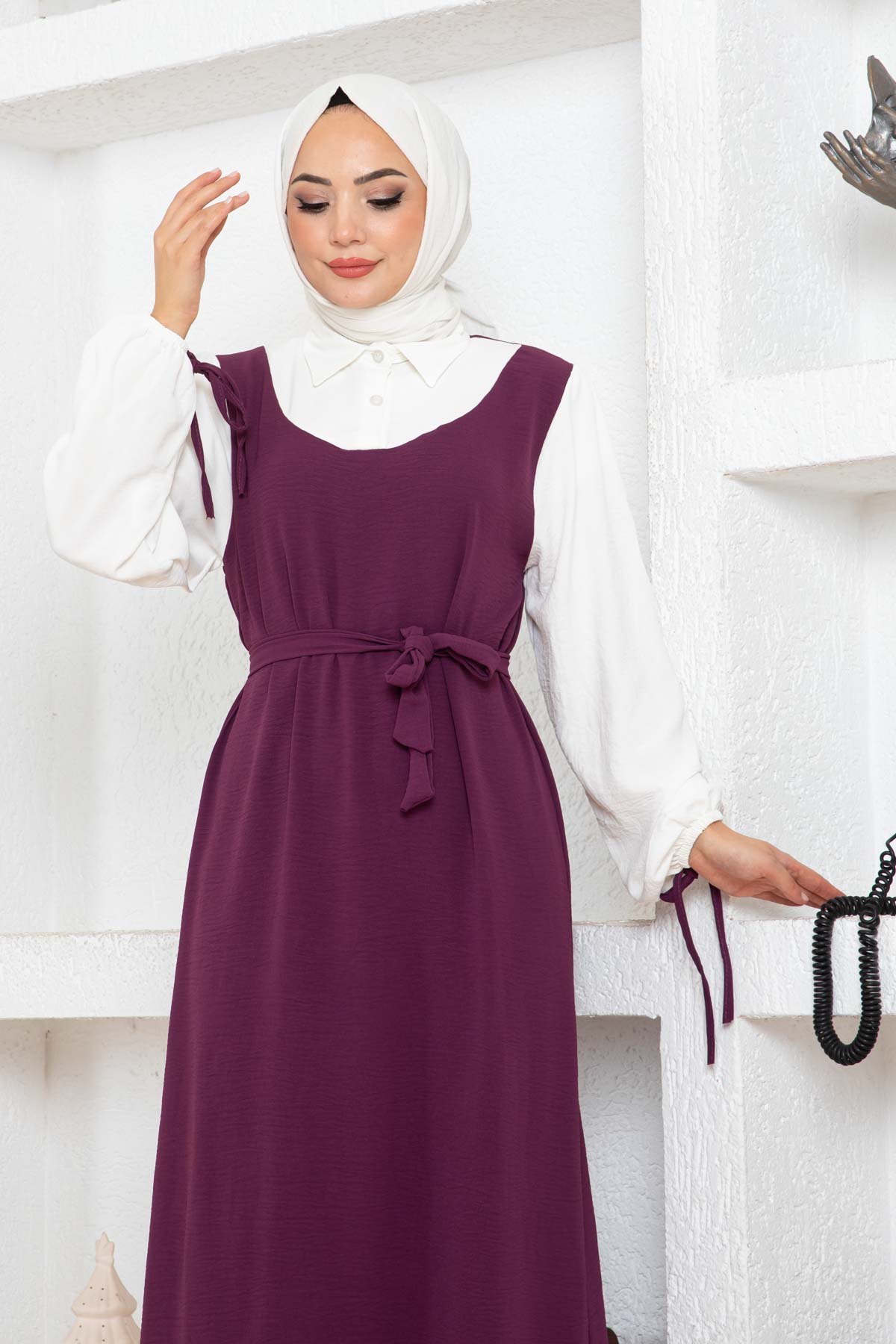 Jile Detaylı Elbise - Mürdüm