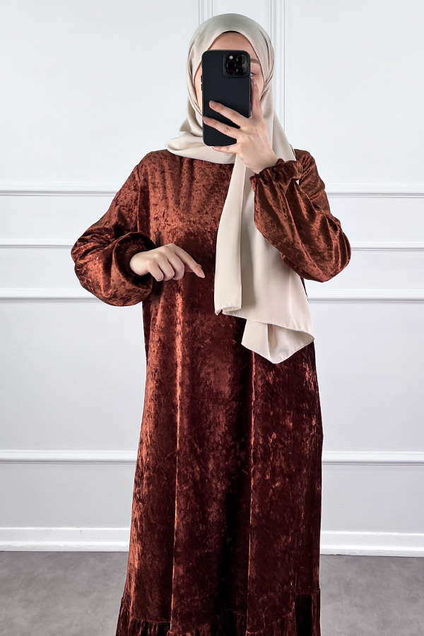 Kadife Elbise - Kahverengi