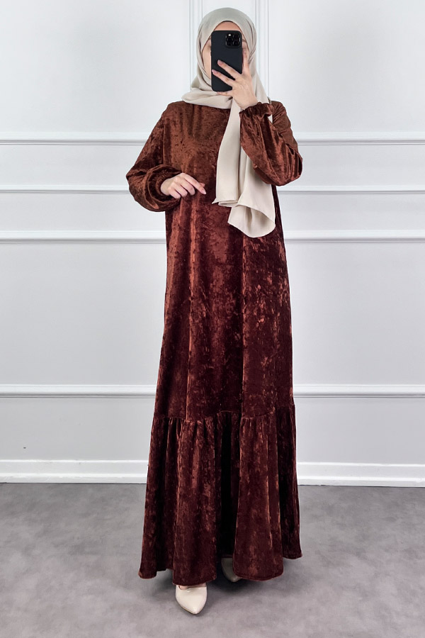 Kadife Elbise - Kahverengi