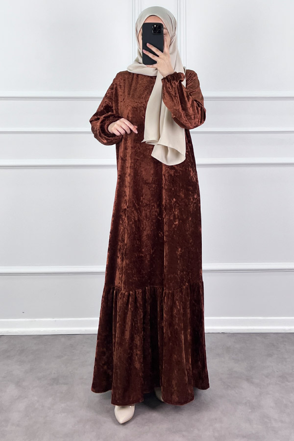 Kadife Elbise - Kahverengi