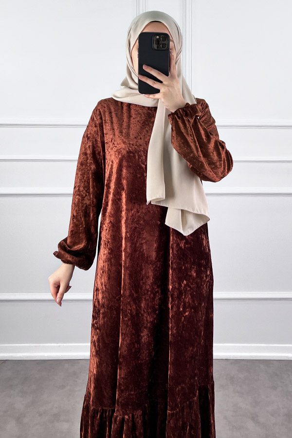 Kadife Elbise - Kahverengi