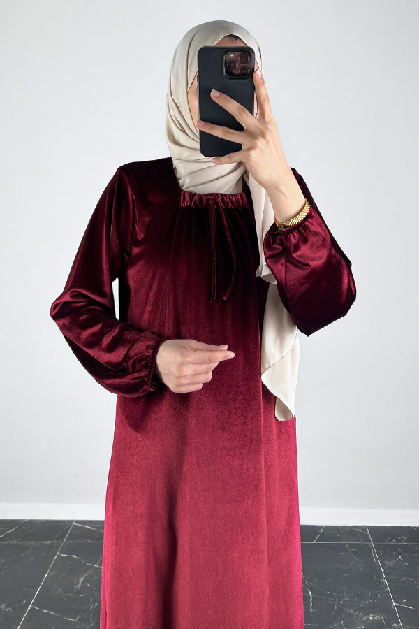 Kadife Ferace Elbise - Bordo