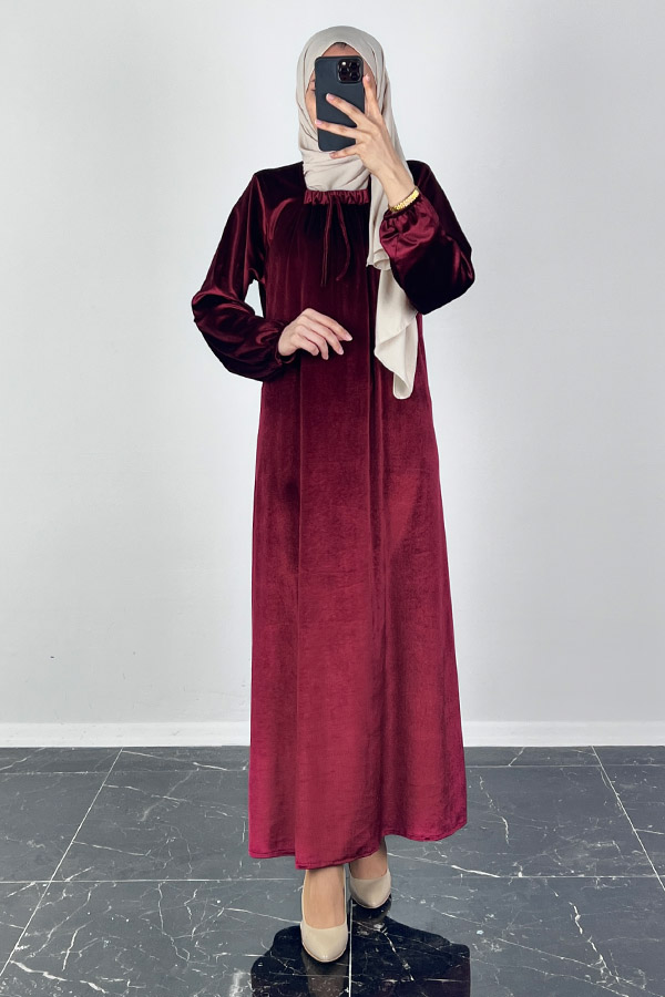 Kadife Ferace Elbise - Bordo