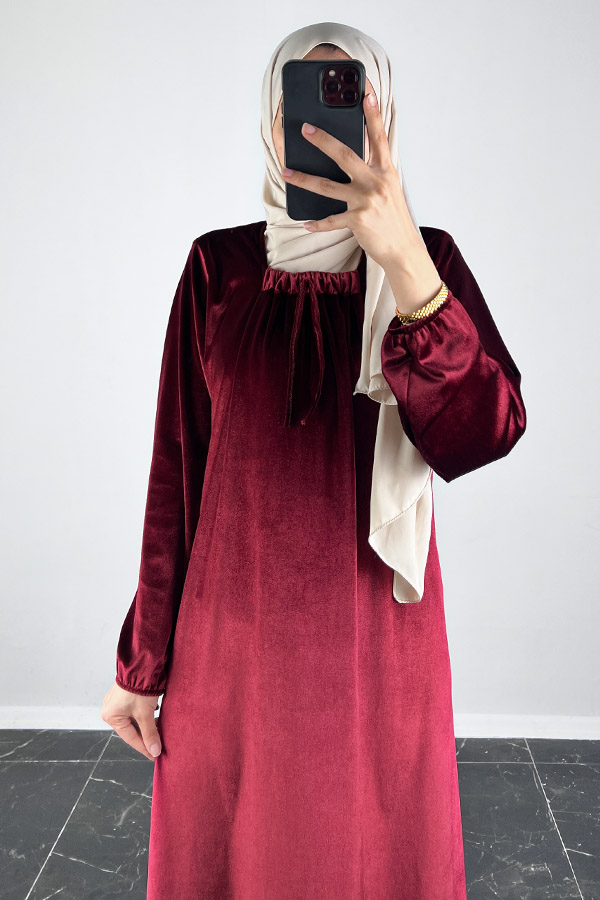 Kadife Ferace Elbise - Bordo