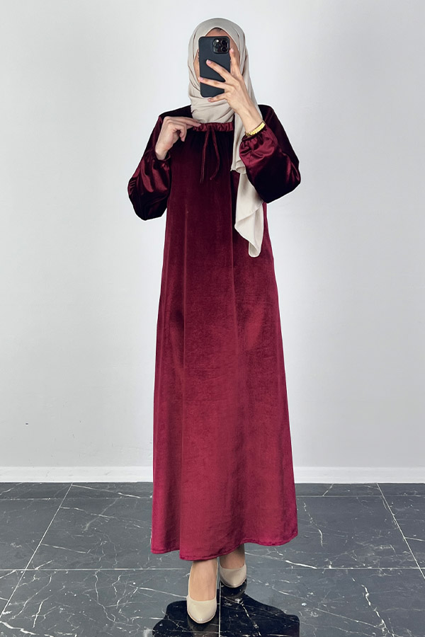 Kadife Ferace Elbise - Bordo