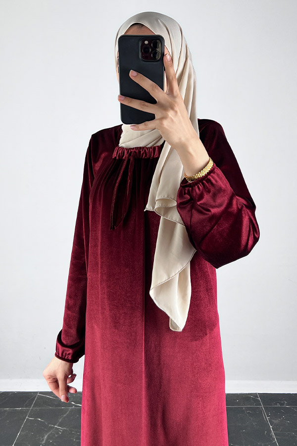 Kadife Ferace Elbise - Bordo