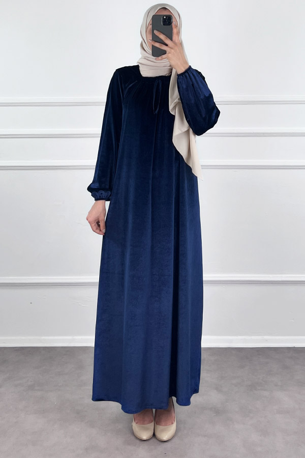 Kadife Ferace Elbise - Gece Mavisi
