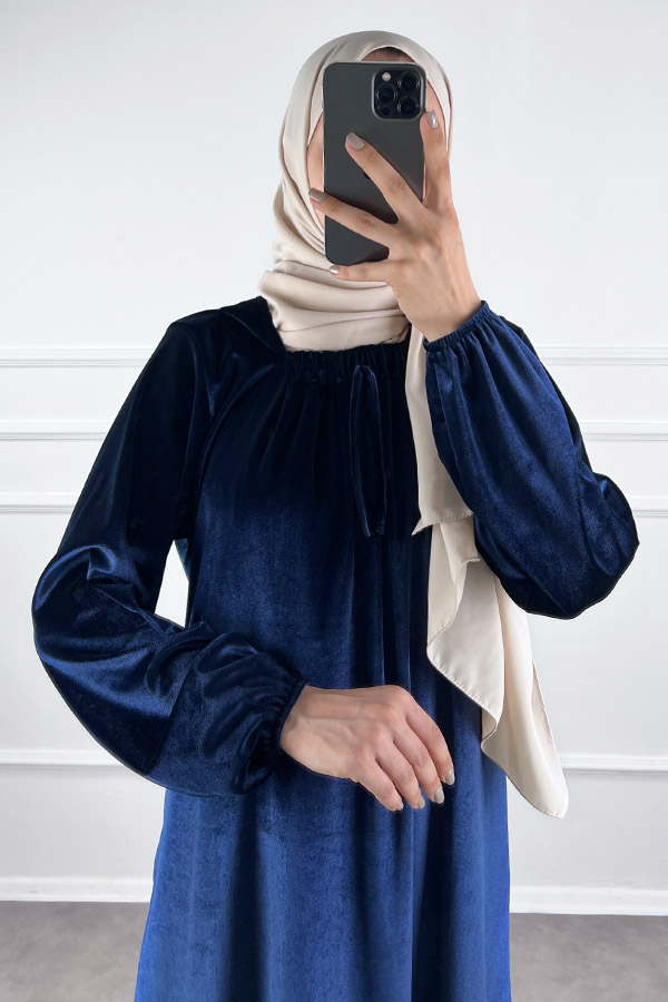 Kadife Ferace Elbise - Gece Mavisi