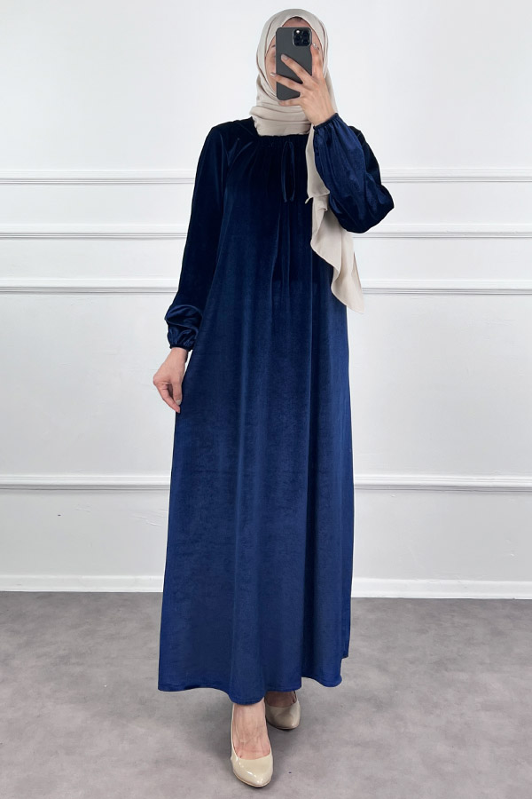 Kadife Ferace Elbise - Gece Mavisi
