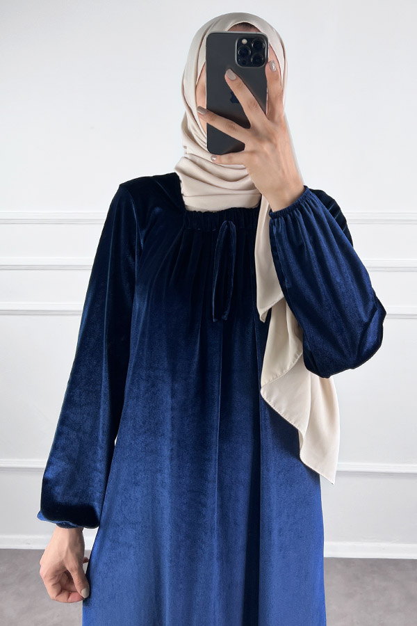 Kadife Ferace Elbise - Gece Mavisi