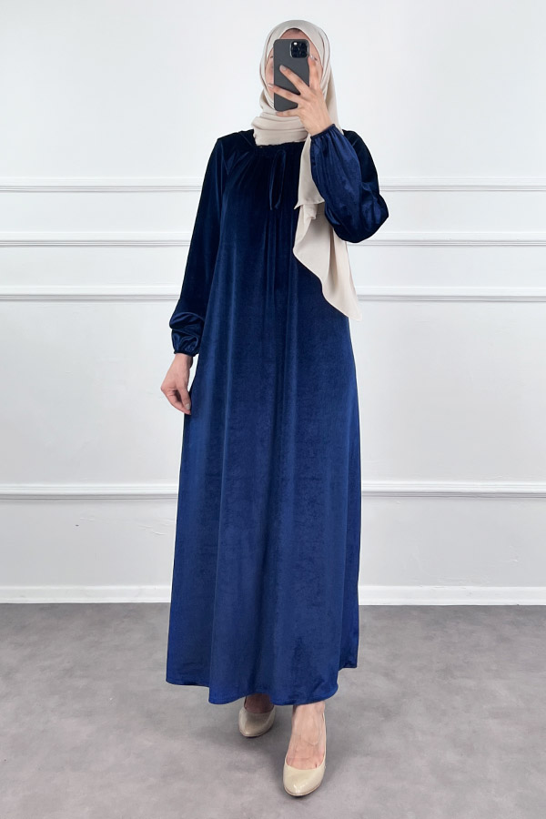 Kadife Ferace Elbise - Gece Mavisi