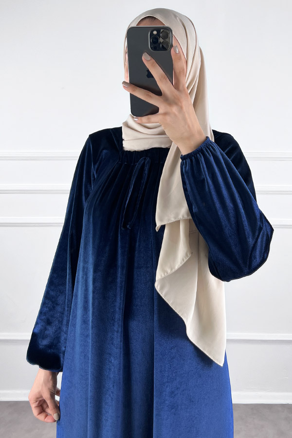 Kadife Ferace Elbise - Gece Mavisi