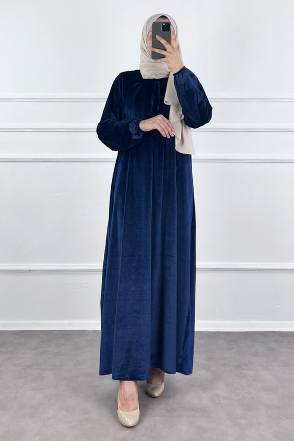 Kadife Ferace Elbise - Gece Mavisi