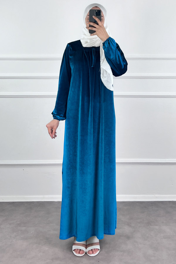 Kadife Ferace Elbise - Mavi