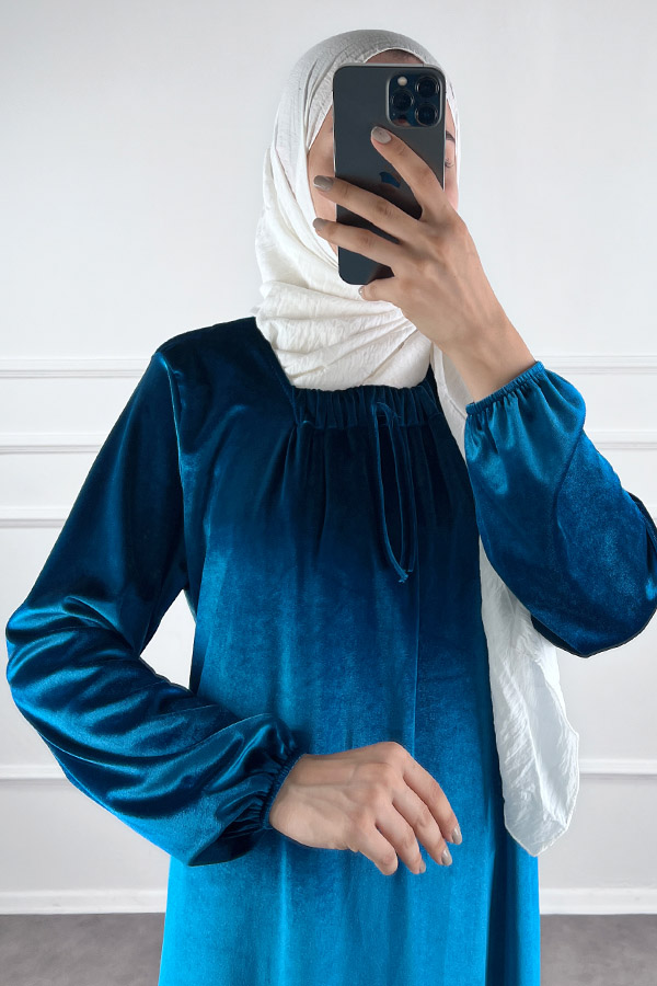 Kadife Ferace Elbise - Mavi