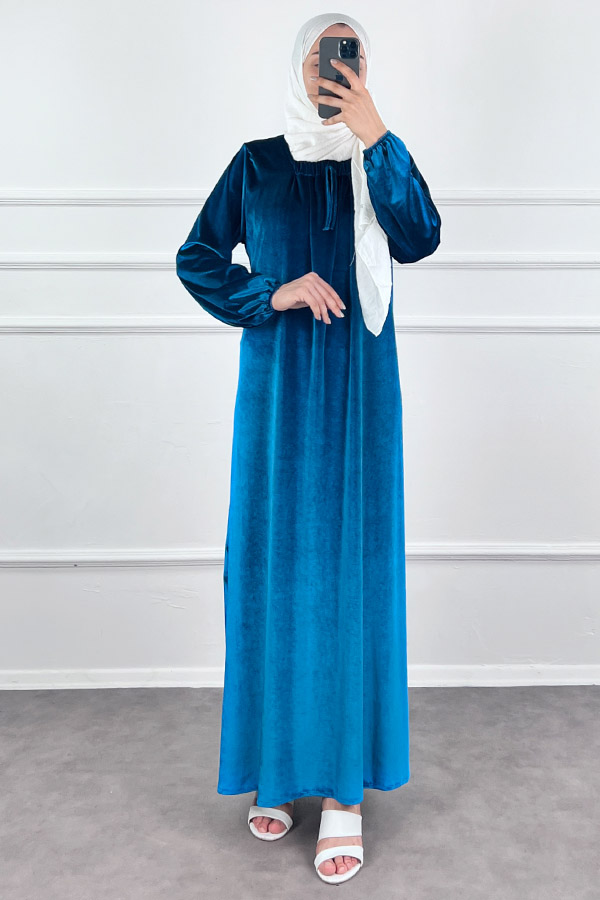 Kadife Ferace Elbise - Mavi