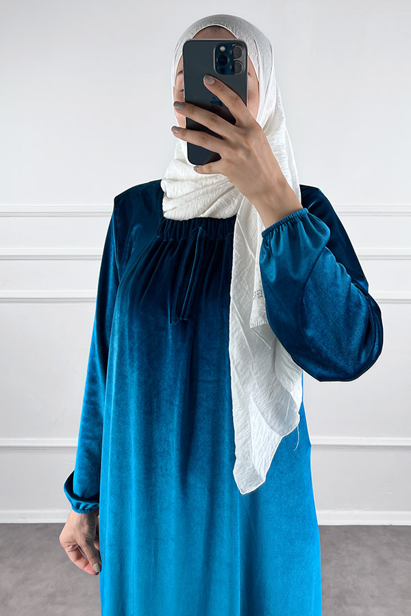 Kadife Ferace Elbise - Mavi