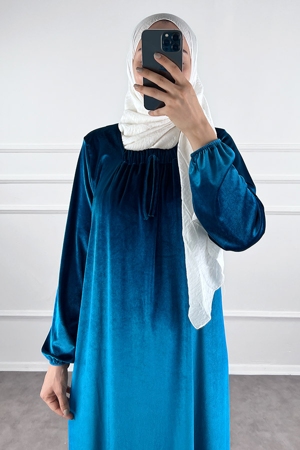 Kadife Ferace Elbise - Mavi
