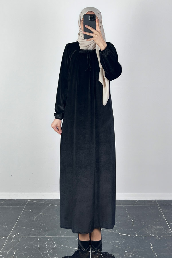 Kadife Ferace Elbise - Siyah