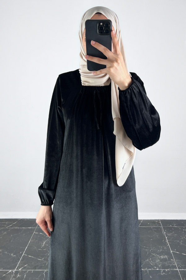 Kadife Ferace Elbise - Siyah