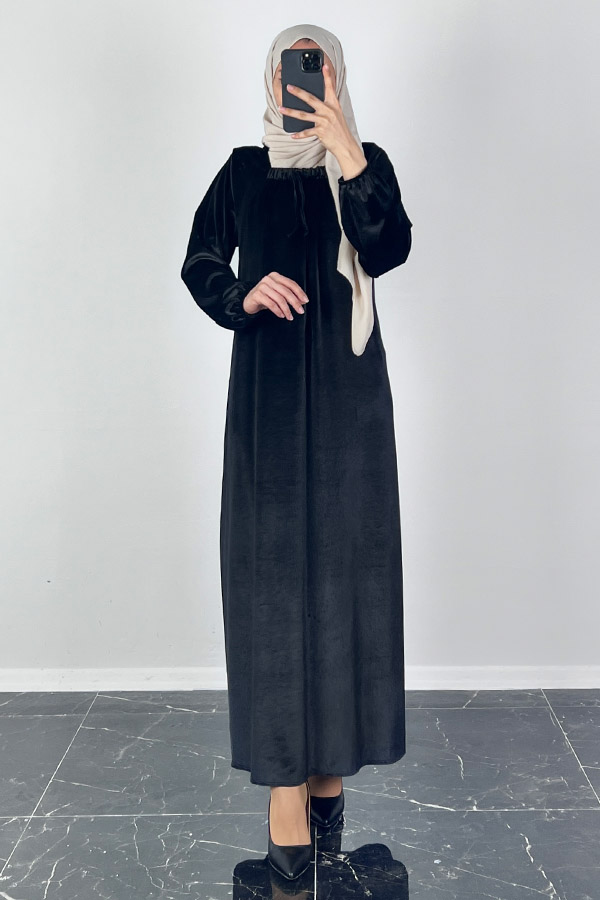 Kadife Ferace Elbise - Siyah
