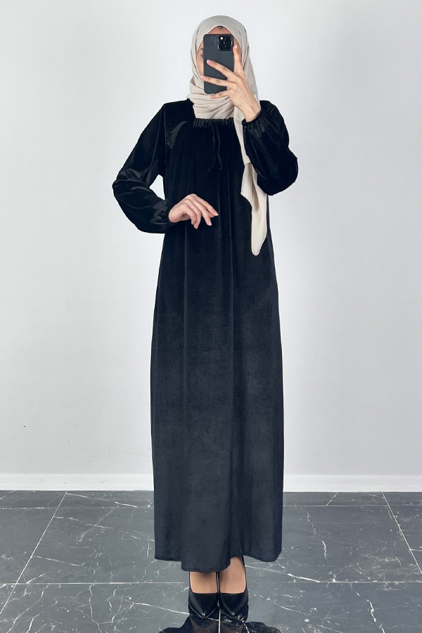 Kadife Ferace Elbise - Siyah