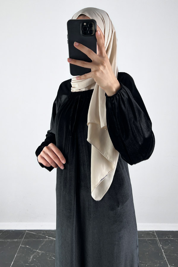 Kadife Ferace Elbise - Siyah