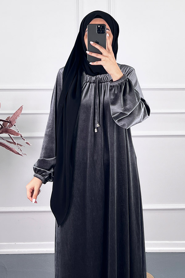 Kadife Ferace Elbise - Gri