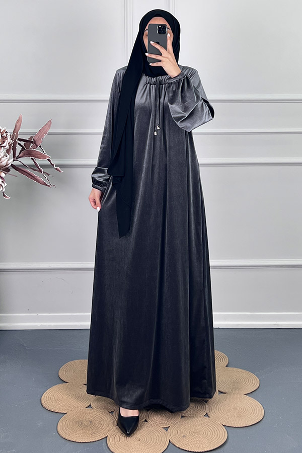 Kadife Ferace Elbise - Gri