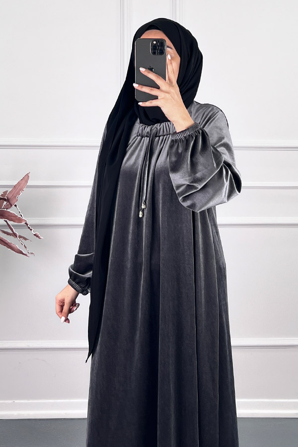 Kadife Ferace Elbise - Gri