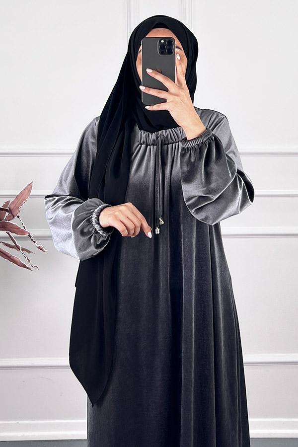 Kadife Ferace Elbise - Gri