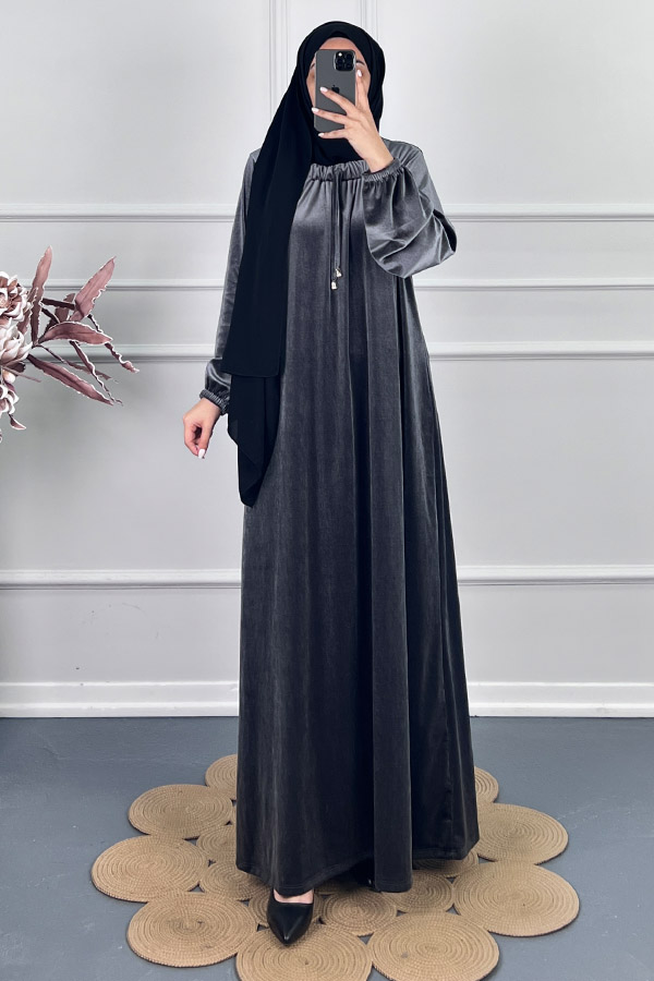 Kadife Ferace Elbise - Gri