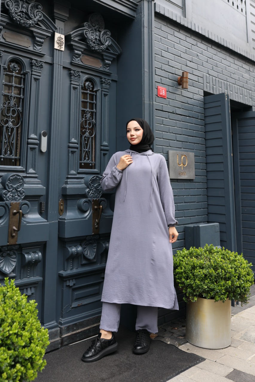 Kapşonlu Ayrobin Takım - Gri