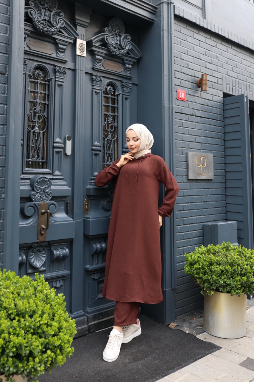 Kapşonlu Ayrobin Takım - Kahverengi