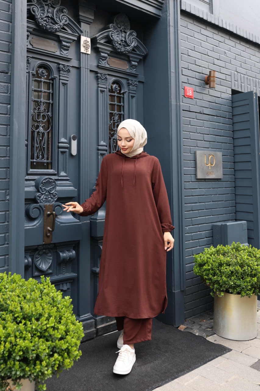 Kapşonlu Ayrobin Takım - Kahverengi