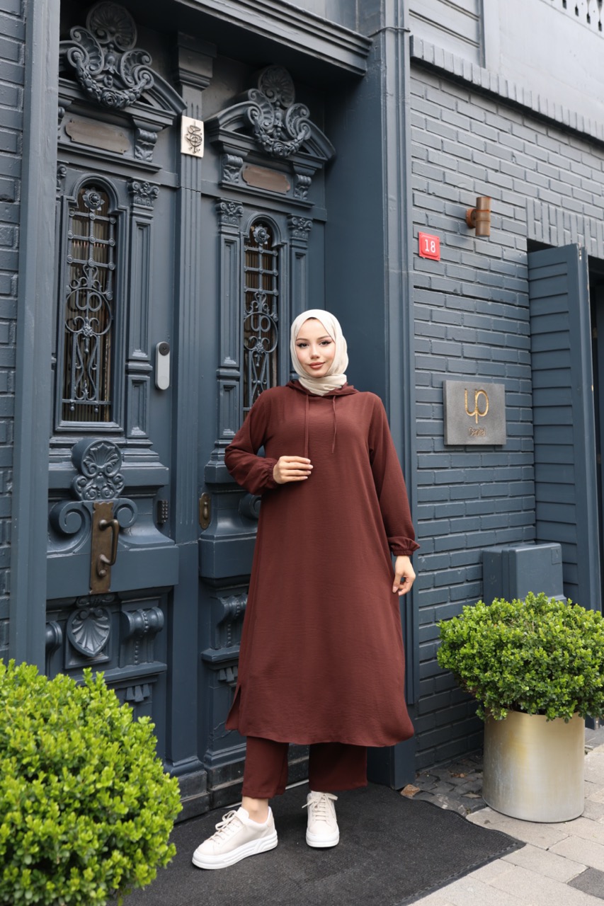 Kapşonlu Ayrobin Takım - Kahverengi