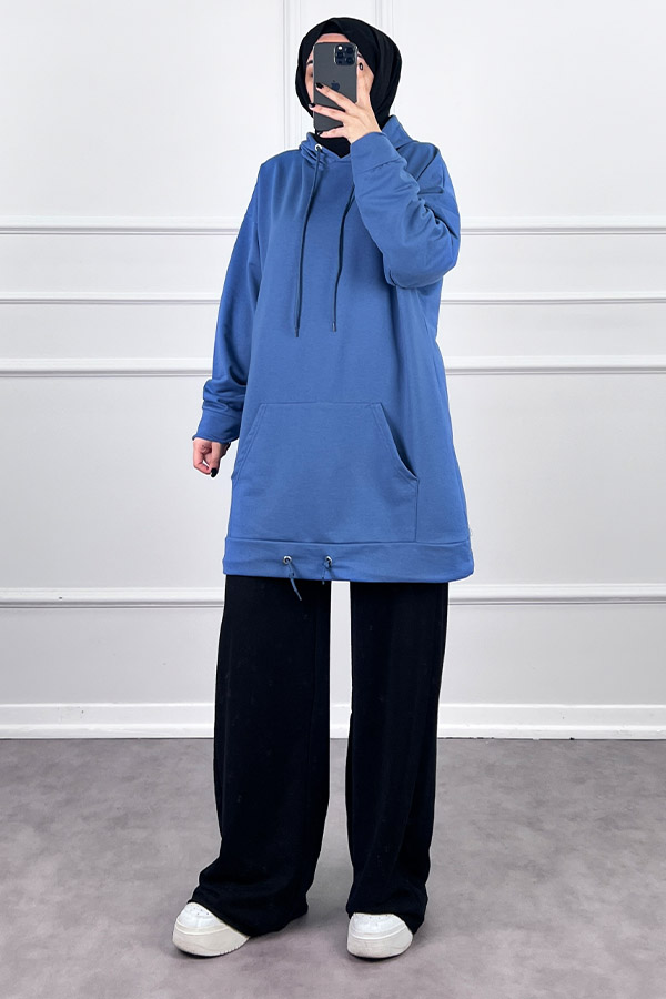Kapşonlu Cepli Sweatshirt - Mavi