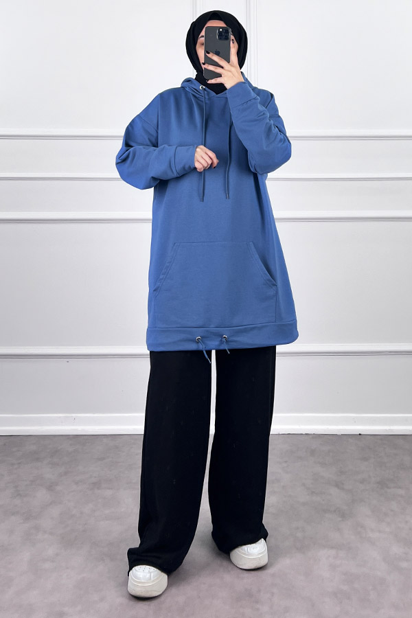 Kapşonlu Cepli Sweatshirt - Mavi