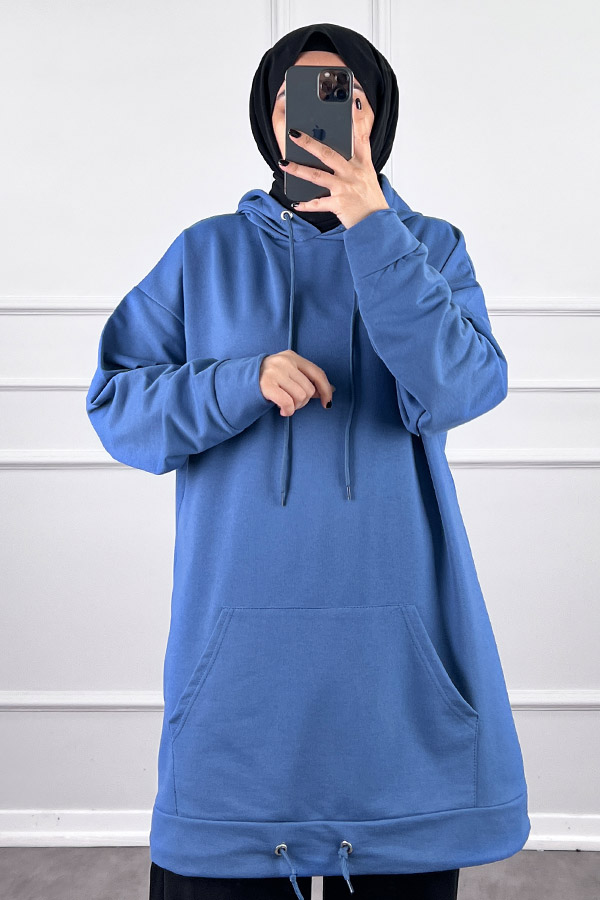 Kapşonlu Cepli Sweatshirt - Mavi