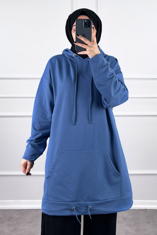Kapşonlu Cepli Sweatshirt - Mavi