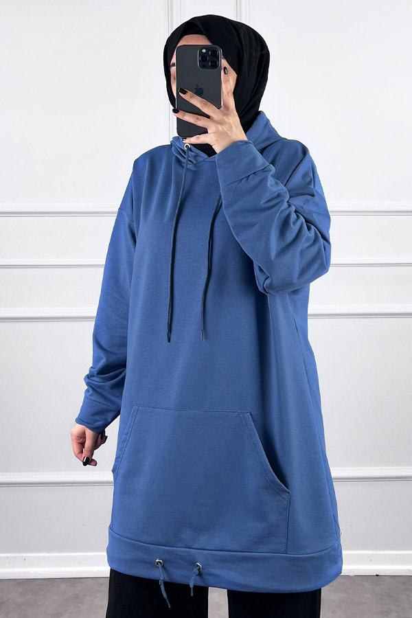 Kapşonlu Cepli Sweatshirt - Mavi