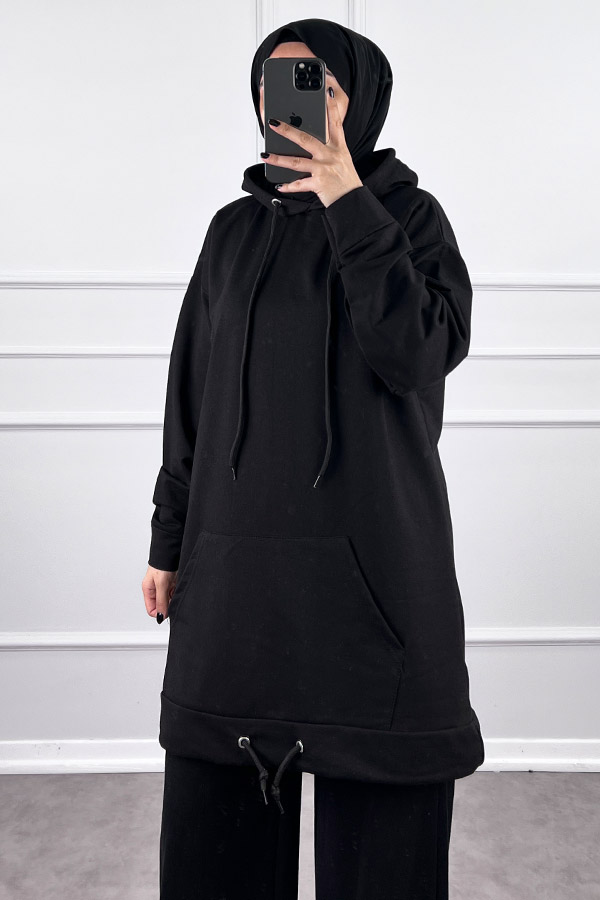 Kapşonlu Cepli Sweatshirt - Siyah