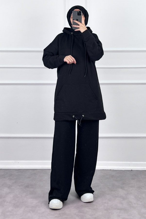 Kapşonlu Cepli Sweatshirt - Siyah