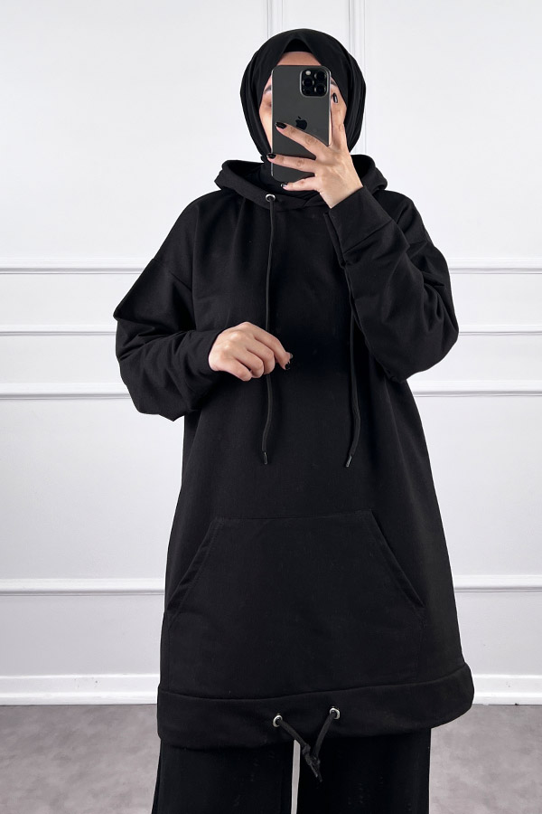 Kapşonlu Cepli Sweatshirt - Siyah