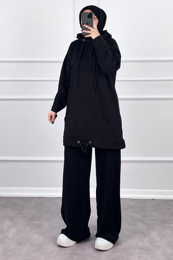 Kapşonlu Cepli Sweatshirt - Siyah