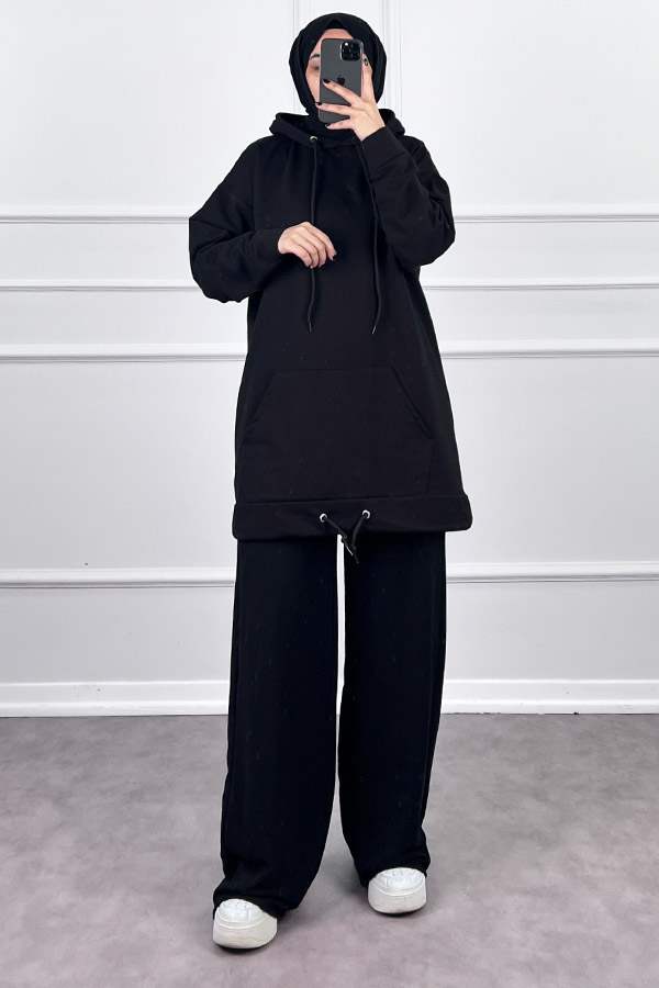 Kapşonlu Cepli Sweatshirt - Siyah