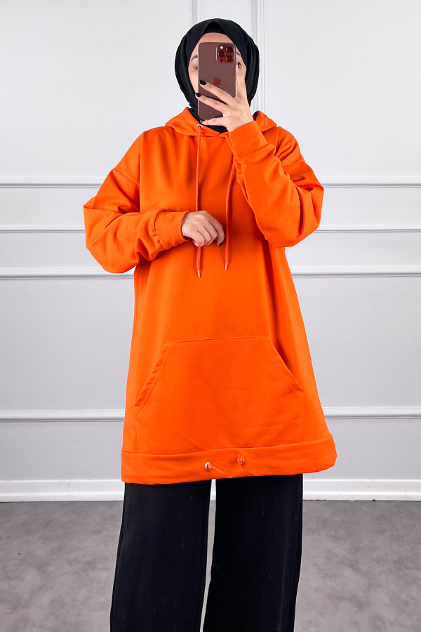 Kapşonlu Cepli Sweatshirt - Turuncu