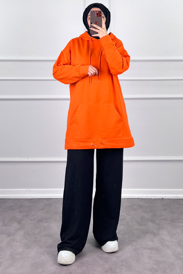 Kapşonlu Cepli Sweatshirt - Turuncu