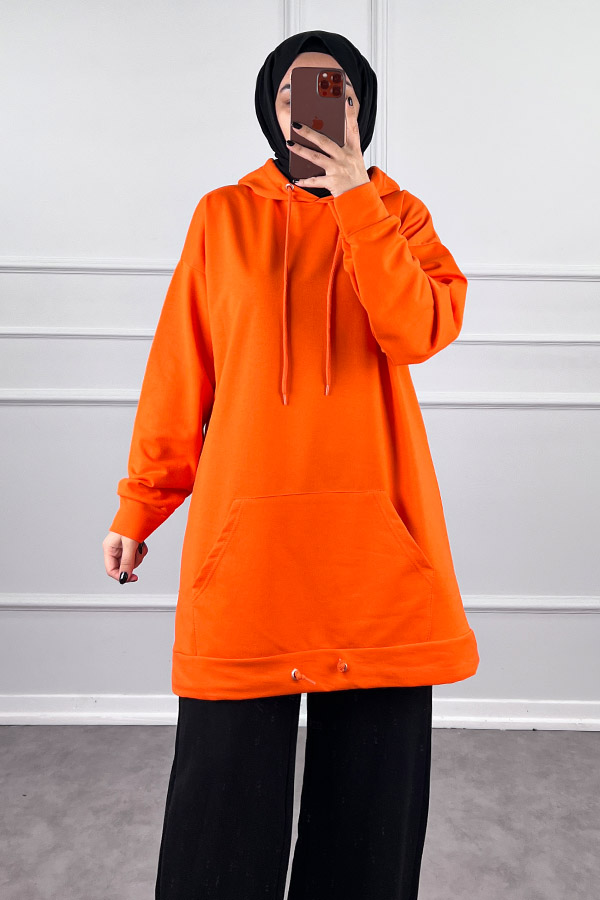 Kapşonlu Cepli Sweatshirt - Turuncu