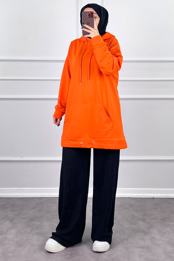 Kapşonlu Cepli Sweatshirt - Turuncu